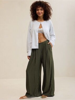 Aerie Drapey Trouser Olive Green Polka Dot Wide Leg Pants